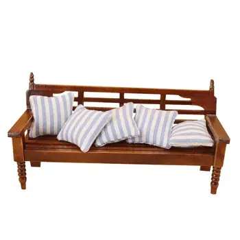 

None Wood Couch with Stripe Cushions for 1:12 Doll House Furniture Accessories