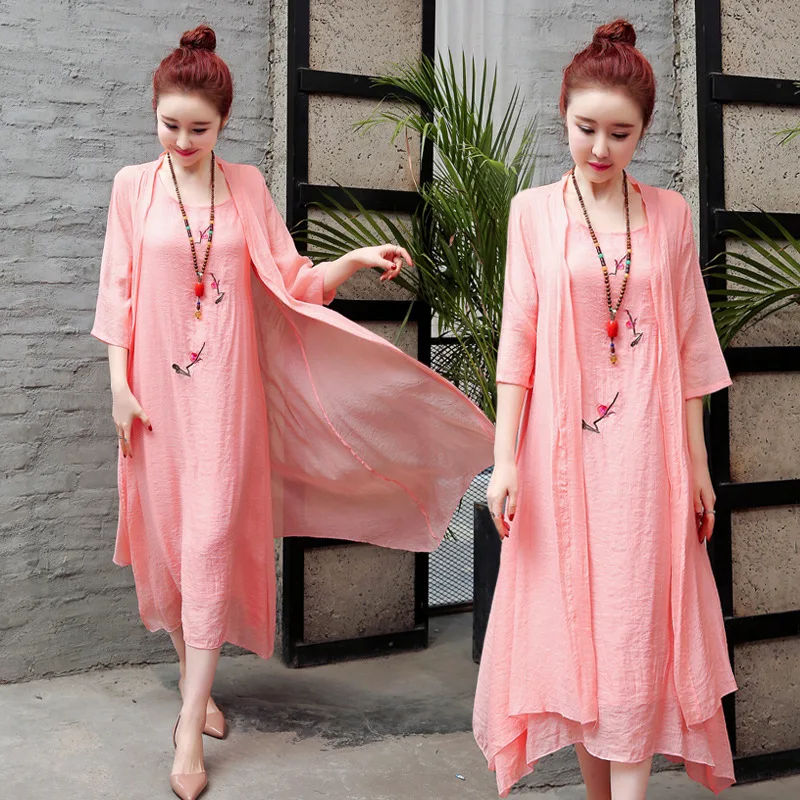 

2019 Summer New Products Two-Piece Set Cotton Linen Dress Women's Ethnic-Style Embroidery Literature And Art Retro Slimming Medi