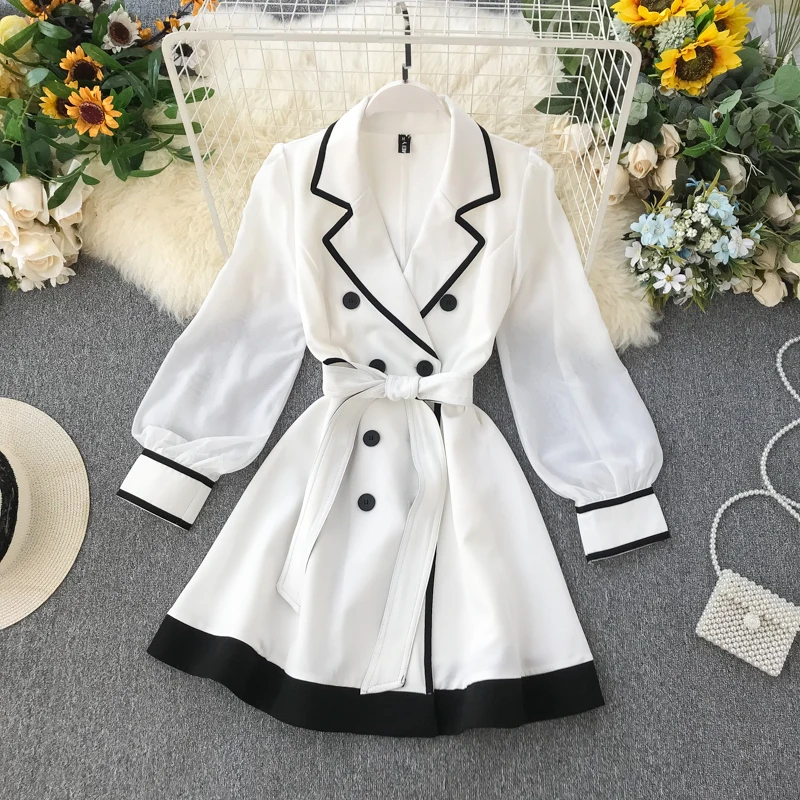 

2019 winter new women's notched double breasted lace-up A-line dress female solid color elegant Fairy dresses
