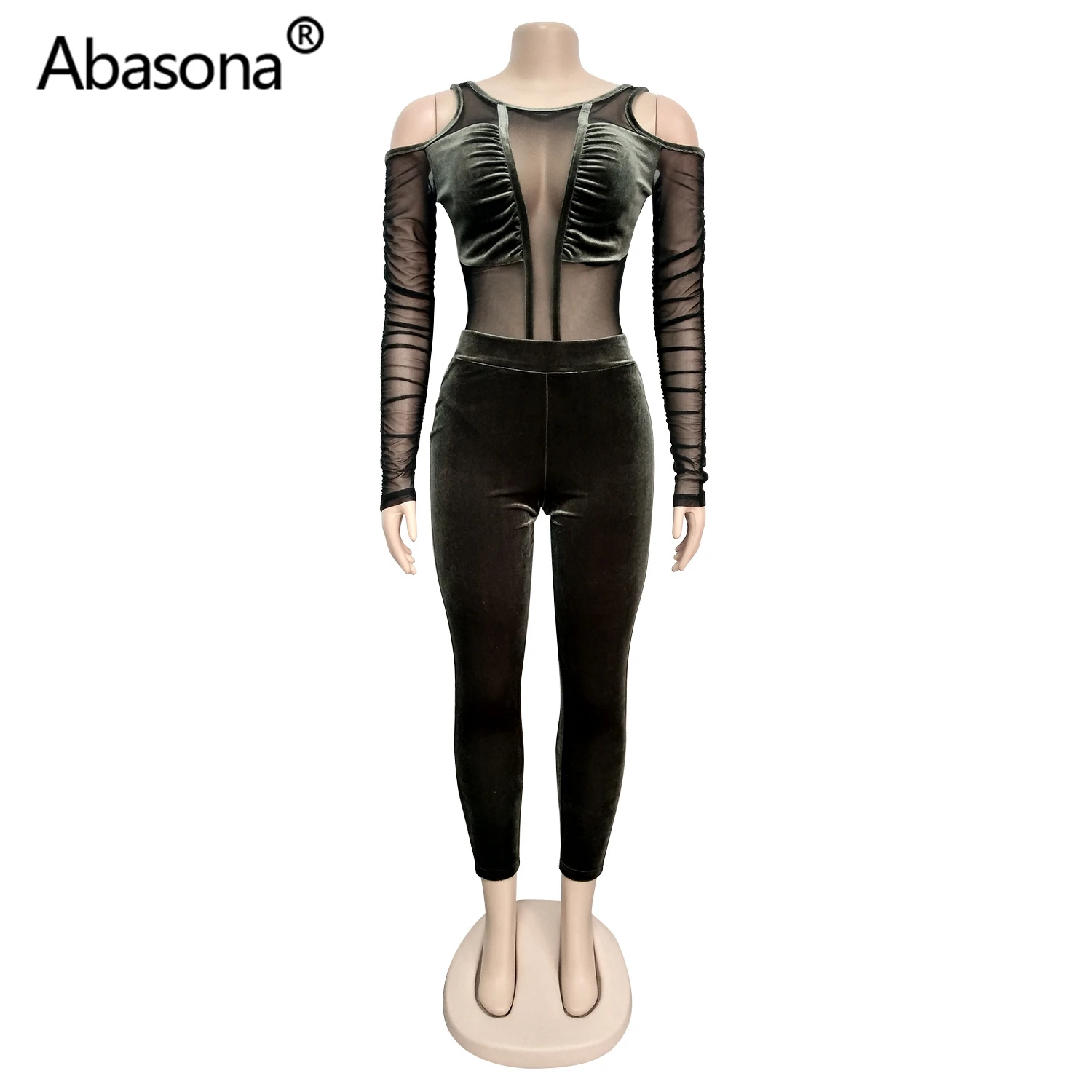 Abasona, зимний женский комплект, спортивный костюм, длинный рукав, сетка, бархат, боди+ штаны, костюм, комплект из двух предметов, сексуальные вечерние костюмы для ночного клуба