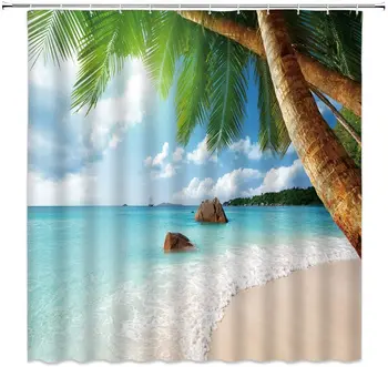 

Scenic Shower Curtain Blue Ocean Beach Palm Trees Shower Curtain Home Decor Fabric Bathroom Curtain with Hook