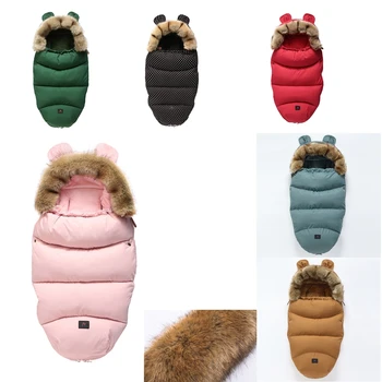 

Winter Baby Stroller Sleeping Bags Envelope Newborn Baby Stroller Pad Sleepsack Hooded With Cute Ear Thick Warm Infant Footmuff