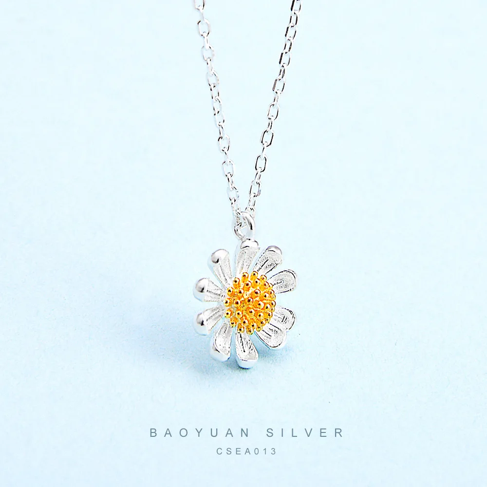 

Baoyuan Silver Sunflower Daisy Necklace S925 Fine Silver Flower Pendant Choker Women's Hipster Accessories