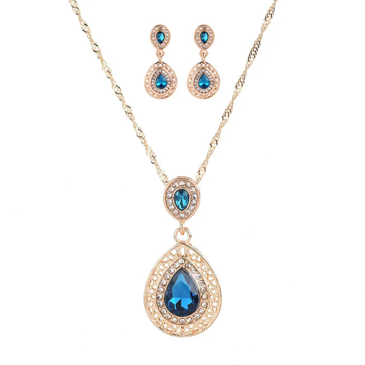 

Hot European And American Jewelry Stud Necklace Set Crystal Earrings Water Drop Pendant Two Piece Set