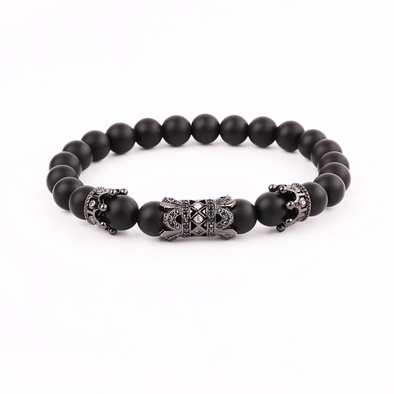 High Quality Natural Matte Onyx Stone Beads Cubic Zircon Crown Charm Elastic Beads Bracelet Set Jewelry Men - Image 6