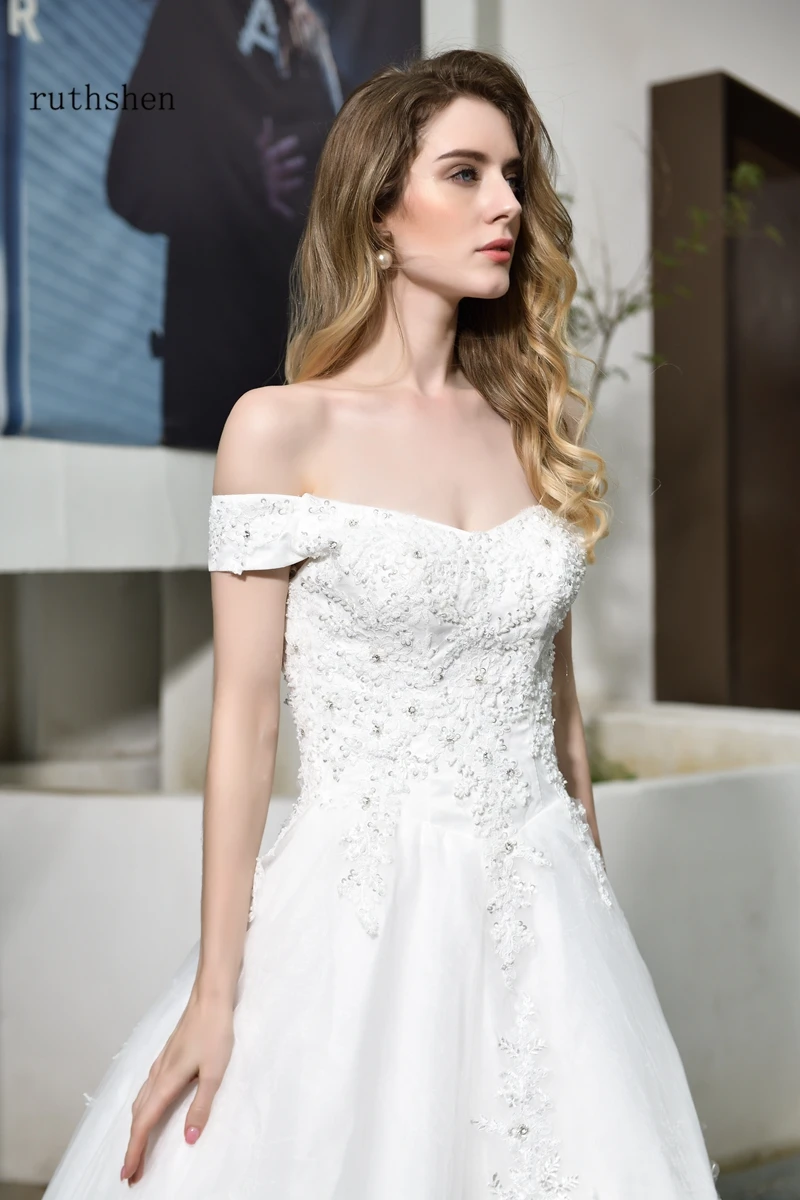 Vestidos De Fiesta De Noche Свадебные платья с открытыми плечами Элегантное свадебное платье с кружевным бисером милым шлейфом