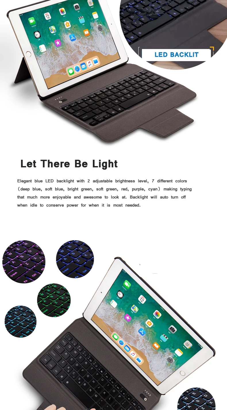 [] беспроводной bluetooth чехол для клавиатуры для нового iPad/iPad pro/Air 1/Air 2, подсветка+ Все-в-одном дизайн+ тонкий кожаный чехол