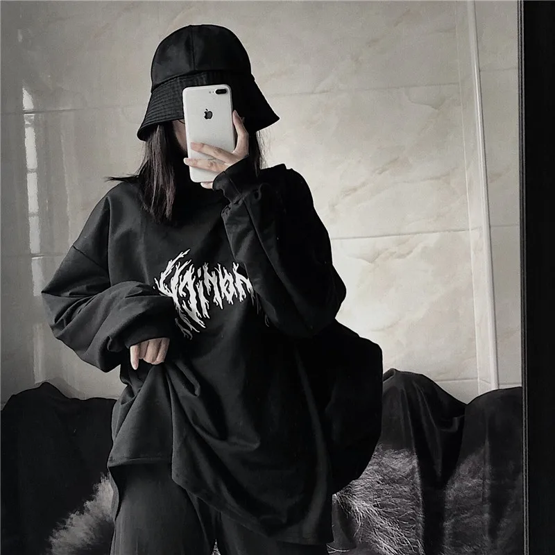 Осень корейский ins Harajuku стиль улица Темный траурный Винтаж Шипы с буквенным принтом свободный свитер с капюшоном WGNVWY55