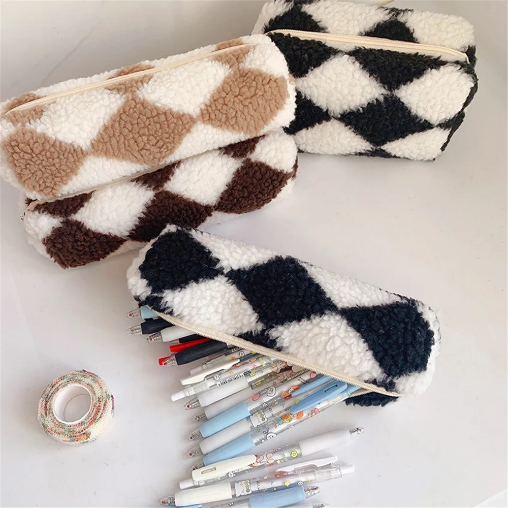 

New Plush Stripe Style Pencil Case Ins Fashion Large Capacity Pencil Bag Cosmetic Pouch Storage For Stuent Stationery Supplies
