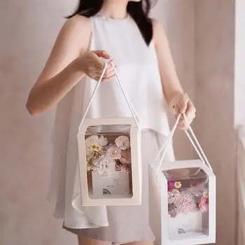 

3pcs Portable Flower Gift Clear Window Transparant Square Shape Kraft Paper Packing Boxes Wedding Party Favors Birthday Gift