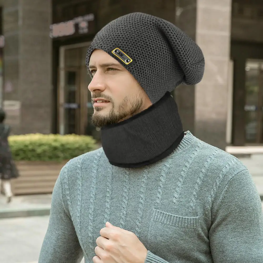 Темно-серый Beanies, зимняя шапка, мужская шапка, зимняя шапка, одноцветная шапка с воротником, набор, плюс бархат, толстая вязаная шапка и глушитель, шапка бини, Muts#2O22 - Цвет: Темно-серый