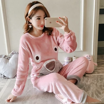 

Girls Cartoon Thick Warm Flannel Pajamas Sets For Women 2020 Winter Long Sleeve Coral Velvet Pyjamas Sleepwear Homewear Clothing