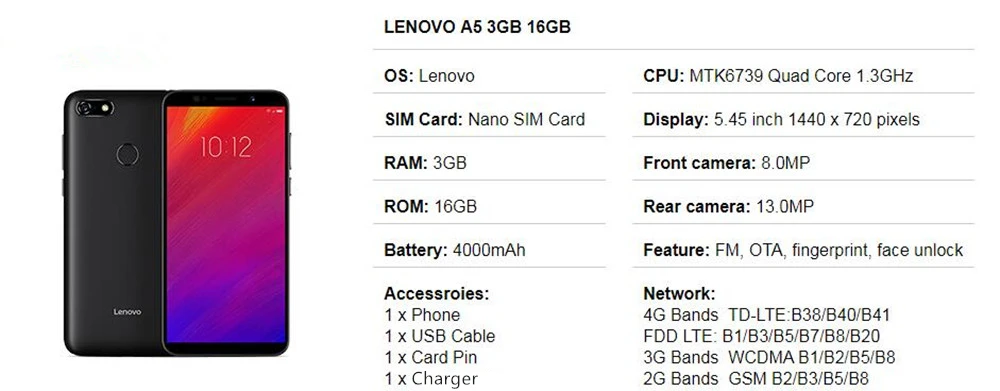 Оригинальный lenovo A5, 3 Гб оперативной памяти, Оперативная память 16/32 ГБ флэш-памяти, Встроенная память сотовый телефон MTK6739 4 ядра 5,45