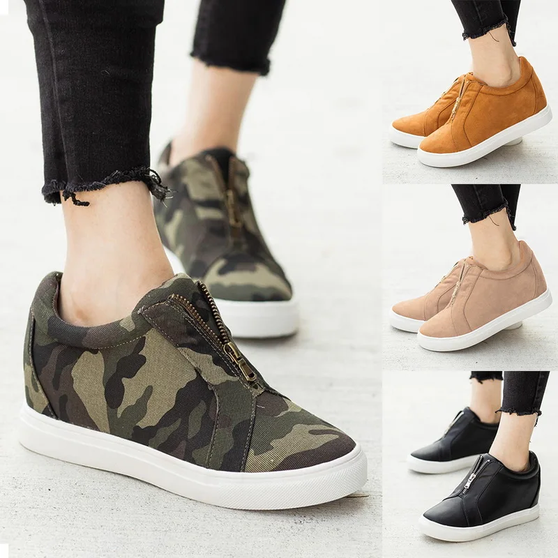 

Womens Platform Sneakers Autumn Solid Camourflage Ankle Heels Shoes High Top Side Zipper Boot Height Increasing Platform Booties