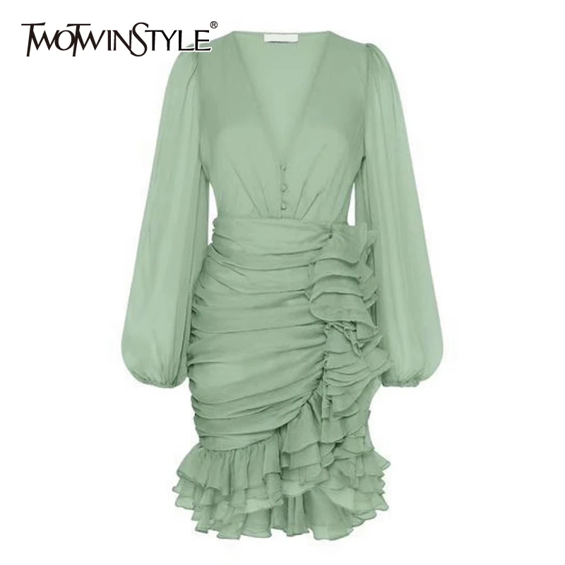 TWOTWINSTYLE Elegant Asymmteircal Dress Women V Neck Lantern Long Sleeve High Waist Patchwork Ruched Ruffles Dresses Female Tide TWOTWINSTYLE Elegant Asymmteircal Dress Women V Neck Lantern Long Sleeve High Waist Patchwork Ruched Ruffles Dresses Female Tide