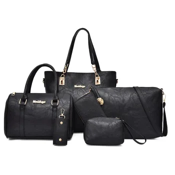 

ICEV europe style casual women leather handbags solid zipper composite bag ladies office clutch top handle bag 6 piece bag set