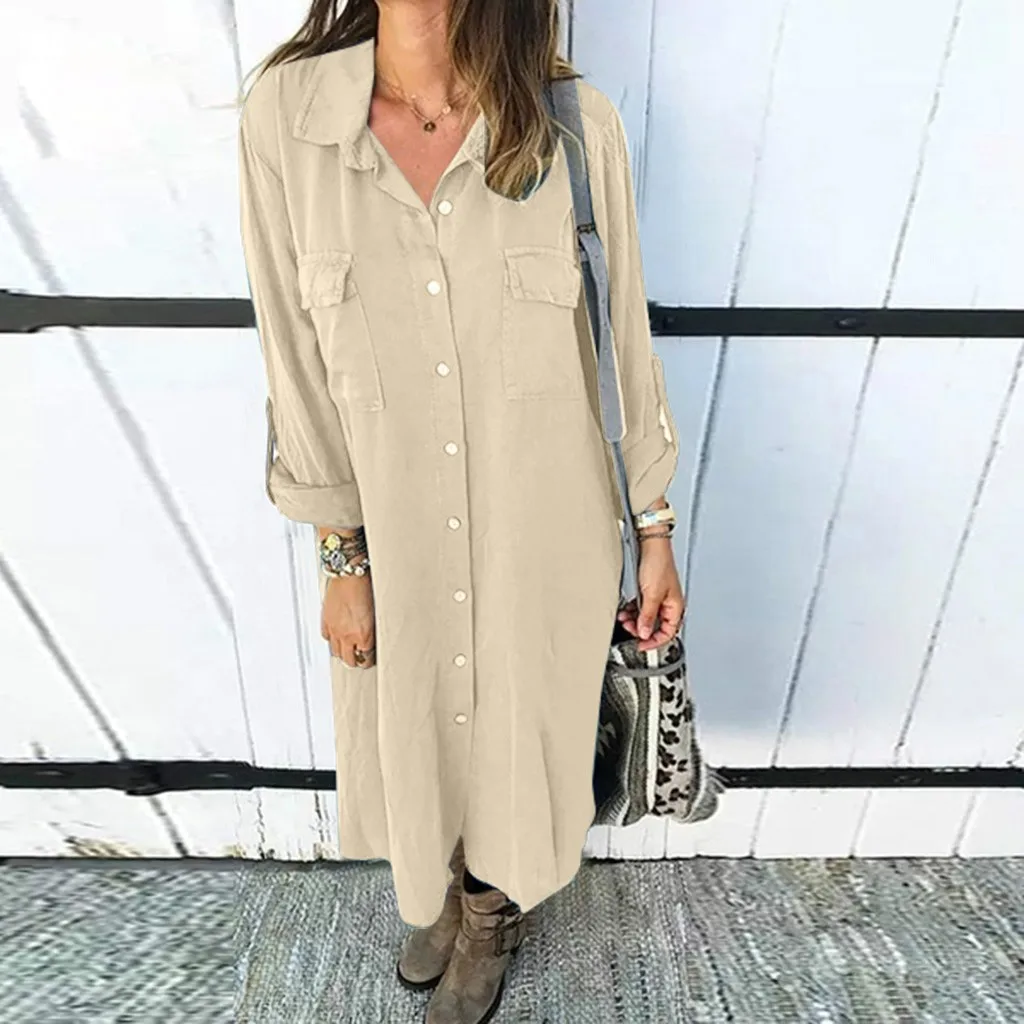 

Ladies Winter Lapel Solid Color Button daily hot Dress Fashion Women's Casual Loose pockets simple Dress vestidos verano mujer