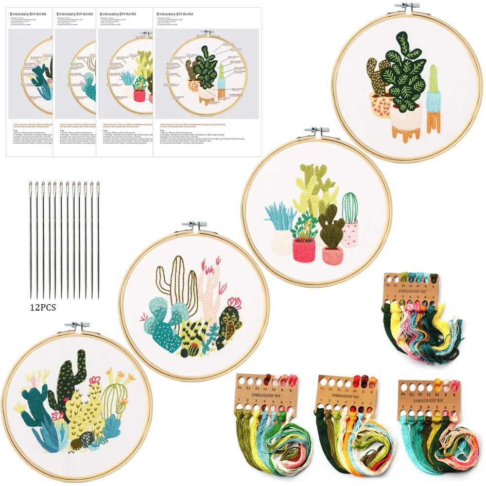 Beginners Of Embroidery Diy kit 4 piece With Bamboo Hoop+Instruction Cross Stitch Punch Needle kit Flower Decoration Bordado