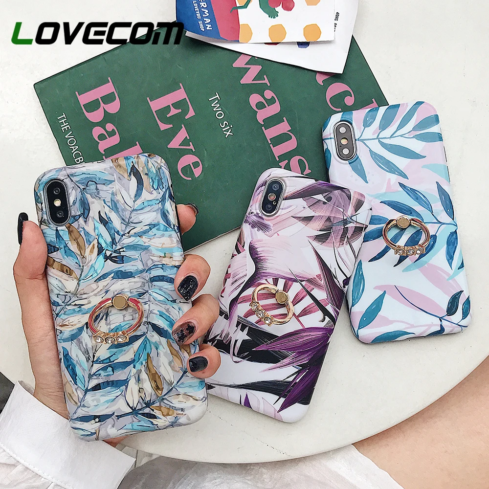 

LOVECOM Phone Case For iPhone XR XS Max 6 6S 7 8 Plus X Vintage Watercolor Leaf Matte Soft IMD Back Cover Coque With Finger Ring