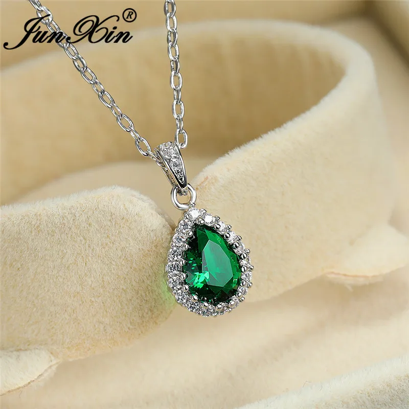 Multicolor Crystal Water Drop Stone Pendant Green Red Blue Zircon Necklaces For Women White Gold Colorful Pear Cz Wedding Choker