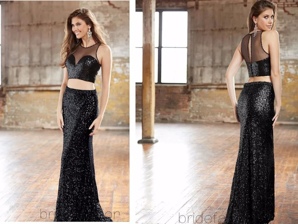 

black long beaded 2016 2 piece Prom Dresses Sexy Sheath Floor Length Formal party Dress Sexy Evening Gowns Sequins Custom Made