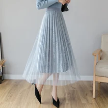 Газовая плиссированная юбка с бусинами, бархатная юбка с большим давлением, юбка-маятник с зонтиком