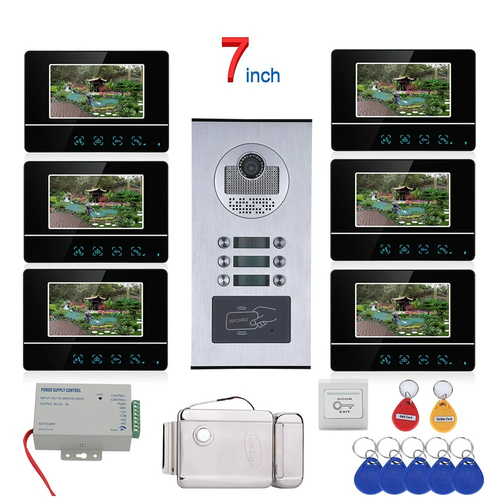 Best 7 inch Touch Button 6 Apartment Family Video Door Phone Intercom System RFID 1000TVL Doorbell Camera +Electric Strike Lock