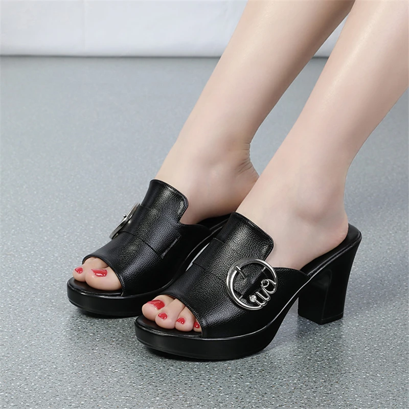

2020 Summer New Style Platform Soft Surface Chunky-Heel Anti-slip Middle-aged Mom Sandals High Heel Women's Single-strap Slipper