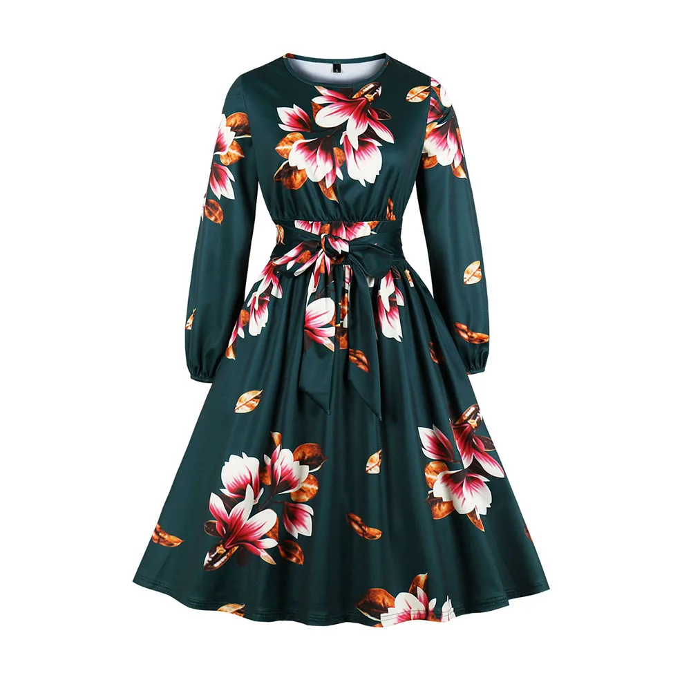 

Sisjuly Fall Lady Vintage Floral A-Line Dresses Round Neck Lantern Sleeve Pullover Retro Dresses Lace-Up Party Dresses Vestidos
