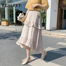 REALEFT, новинка, весна-лето, женские плиссированные юбки с оборками, корейский стиль, высокая талия, трапециевидные юбки до середины икры для женщин