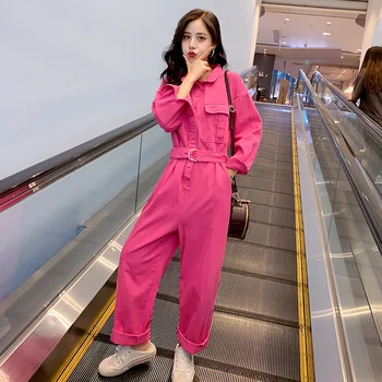 

Vintage Jumpsuit Romper Women belt Pockets Button Jumpsuit Casual 2020 Spring Long Sleeve Jumpsuit Female Rose Overalls Fashion