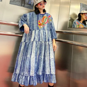 

Plus Size Embroidery Bird Dress Women Clothes 2020 Spring Fashion Vintage Ruffles Elegant Dress Pullovers Plus Size LT792S30