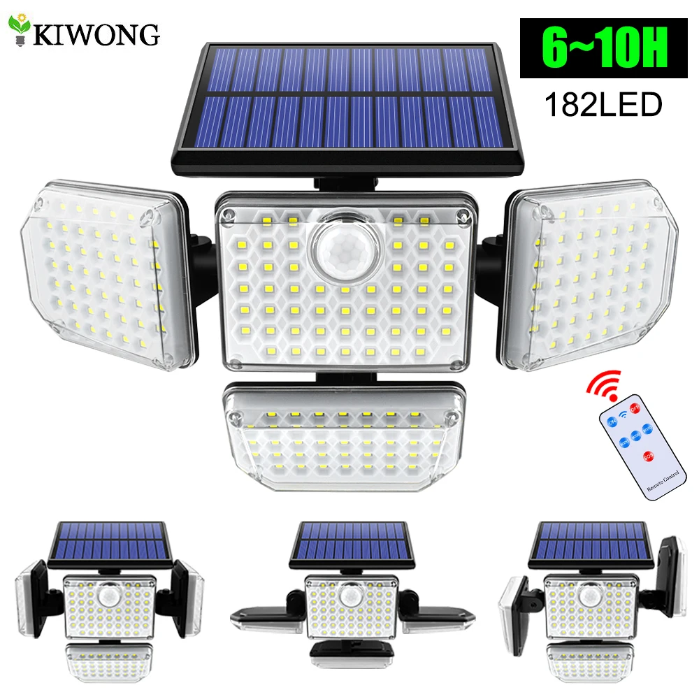 Solar Lights Outdoor 182/112 LED Wall Lamp with Adjustable Heads Security LED Flood Light IP65 Waterproof with 3 Working Modes 1