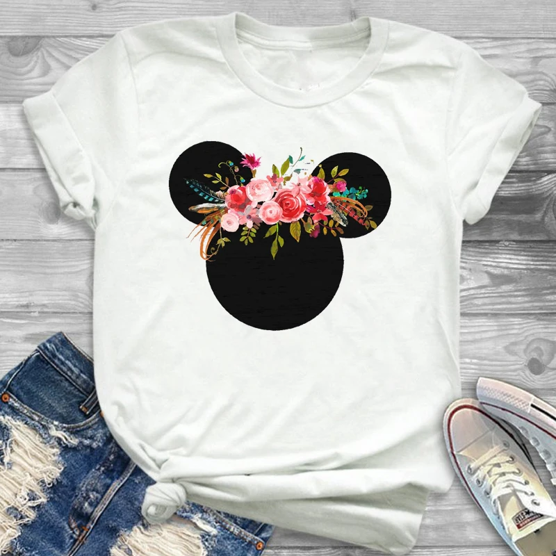 Женская модная футболка с леопардовым принтом и цветочным принтом, футболка с Микки Маусом и ушками, футболки tumblr, хипстерские женские футболки