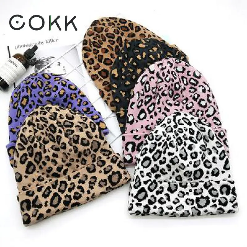 

COKK Leopard Pattern Knitted Hat Female Winter Hats For Women Ear Protection Warm Bonnet Womens Beanie Gorras