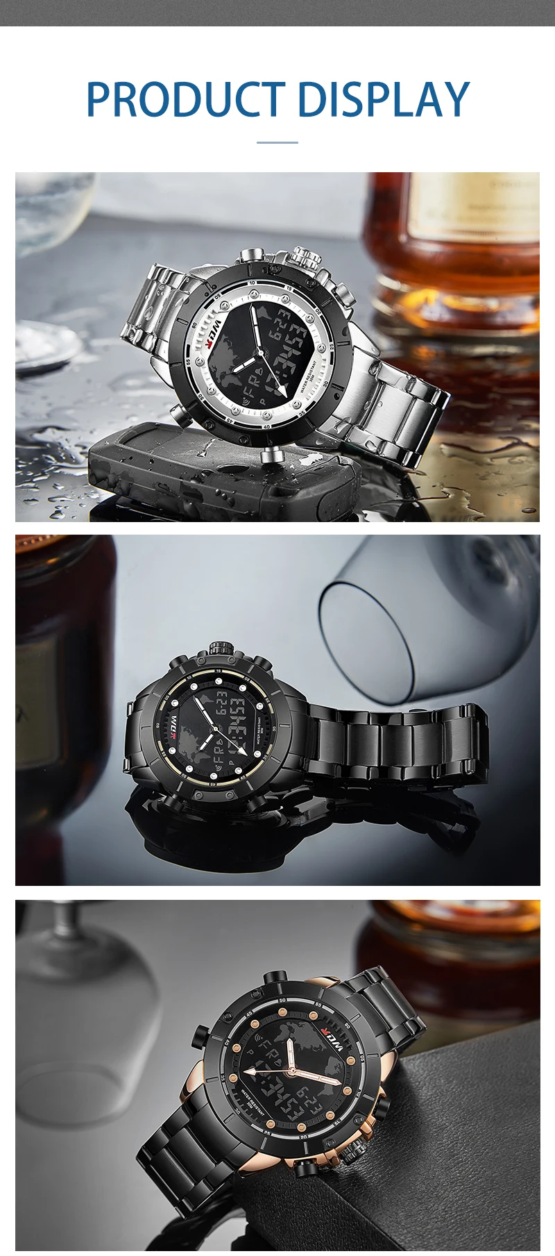 KDM мужские часы из нержавеющей стали, кварцевые цифровые часы с двойным дисплеем, Роскошные мужские часы, водонепроницаемые наручные часы