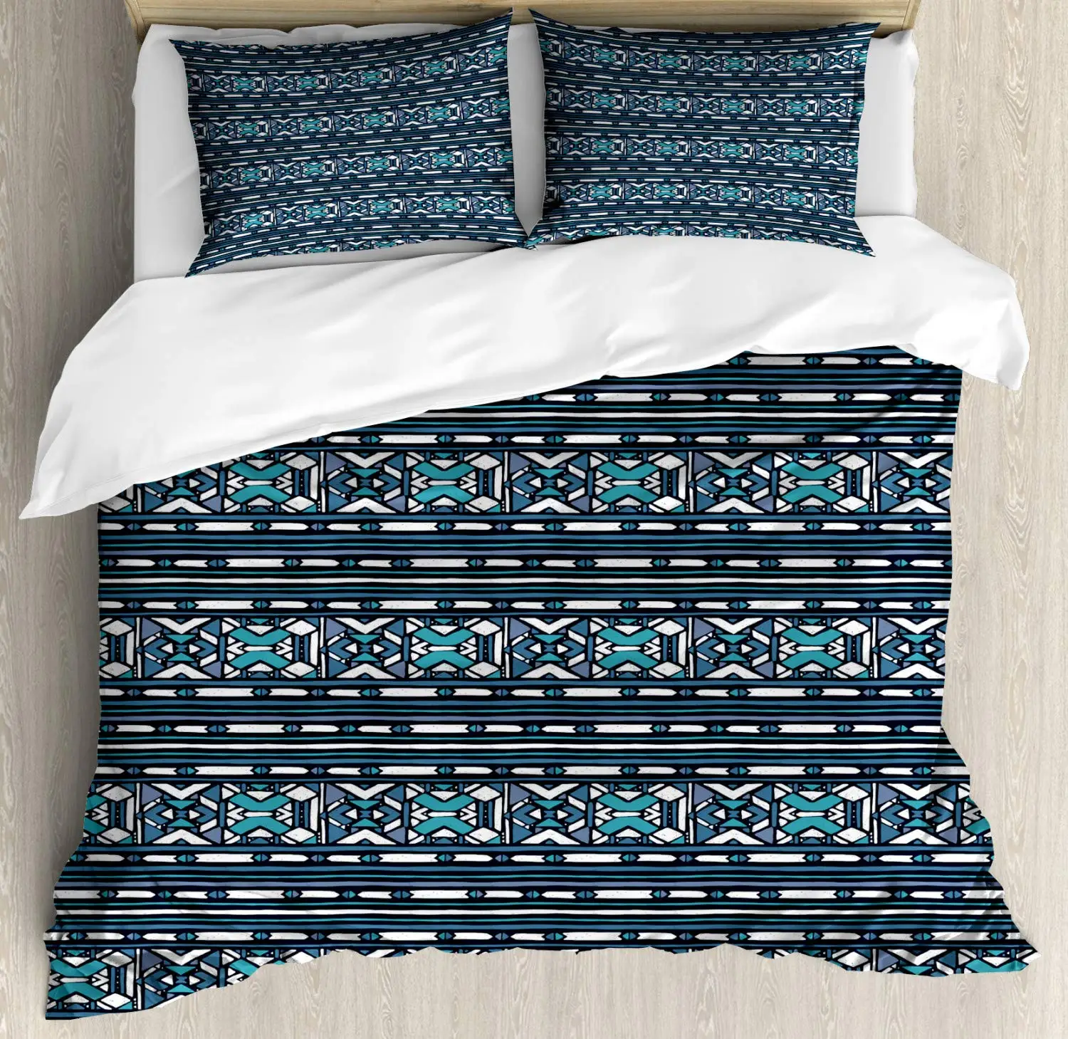 Aztec Duvet Cover Set Assortimento Di Primitive Forme Geometriche 3 Pezzi Set Di Biancheria Da Letto Scuro Turchese Seafoam