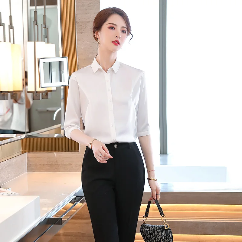 Summer Formal Women Shirts Blue Half 