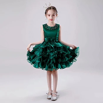 

Sleeveless Beads Children Party Tutu Green Lace Wedding Party Girl Performance Dress