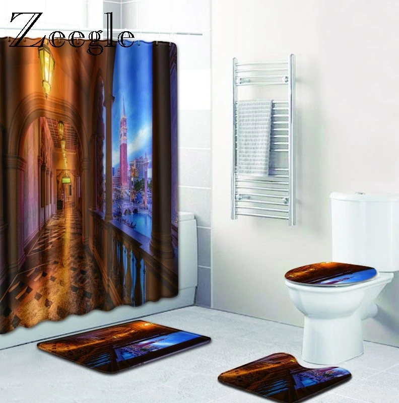 Zeegle 3D Building Pattern Bath shower Curtain with Rug Set Waterproof Curtain and Hooks Toilet U Type Mat Nonlip Bath Mat Set