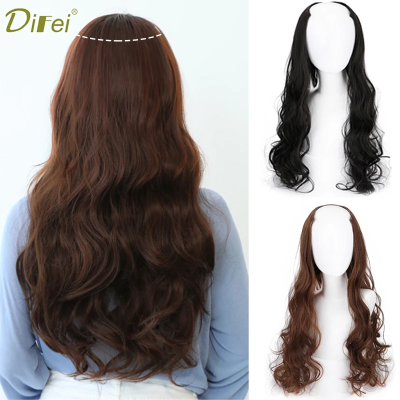 DIFEI Synthetic U Clip In One Piece Hair Extension Long Wavy Half Wig Hair Extension Natural Brown Hair Piece For Women Use DIFEI Synthetic U Clip In One Piece Hair Extension Long Wavy Half Wig Hair Extension Natural Brown Hair Piece For Women Use