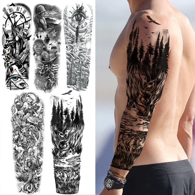 Black Forest Wolf Temporary Tattoos Sleeve For Men Women Fake Soldier Compass Eye Tattoo Sticker Full Arm Washable Tatoos Sets - Temporary Tattoos - AliExpress