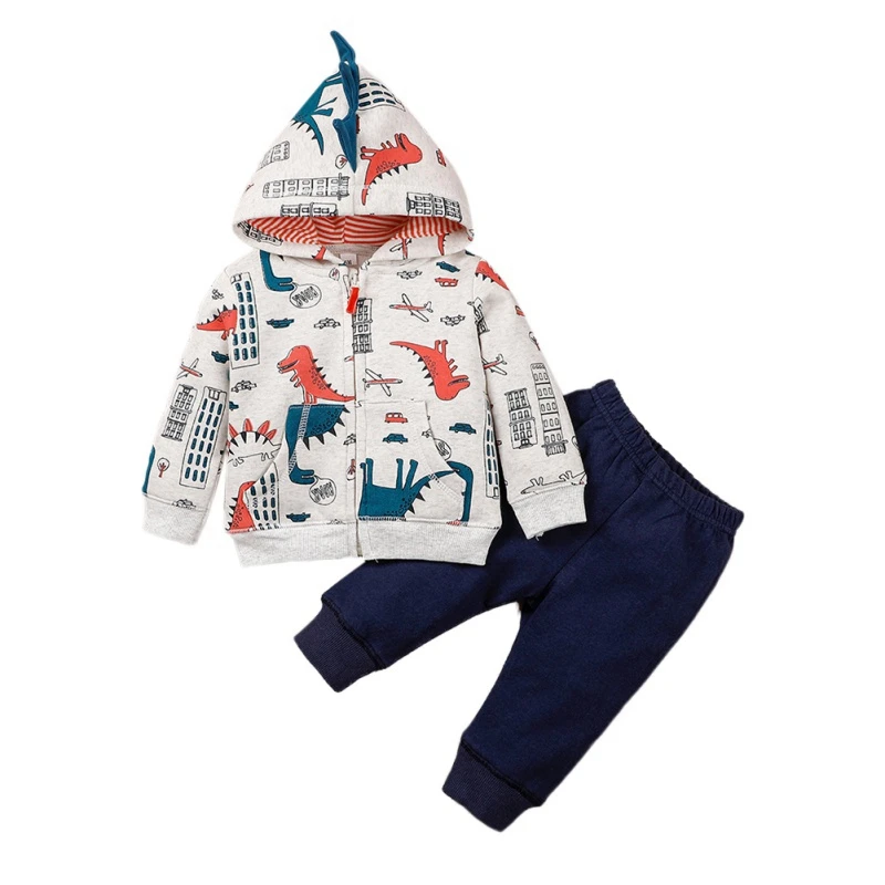 

Spring Baby Boy Clothes Set 2Pcs Spring Long Sleeve Cartoon Dinosaur Print Hoodie Sweatshirt Top+Solid Pants Trouser Costume Set