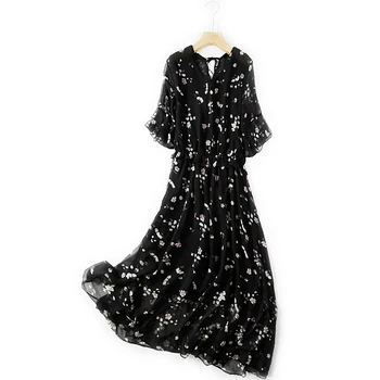 

Bohemian Flare Sleeve long dress 2020 real silk Ankle-Length Half sleeve A-Line V-Neck dress for rest summer navy blue