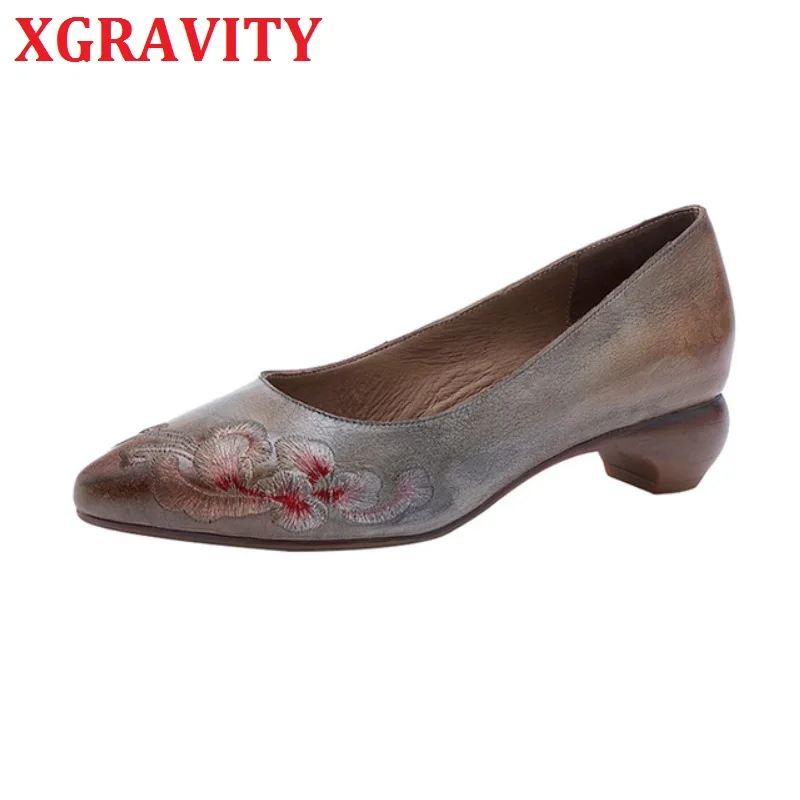 

XGRAVITY C035 New Hand-made Women Flower Pointed Toe Shoes Fashion Cow Genuine Leather Footwear Short Heel Pumps Ethnic Shoes