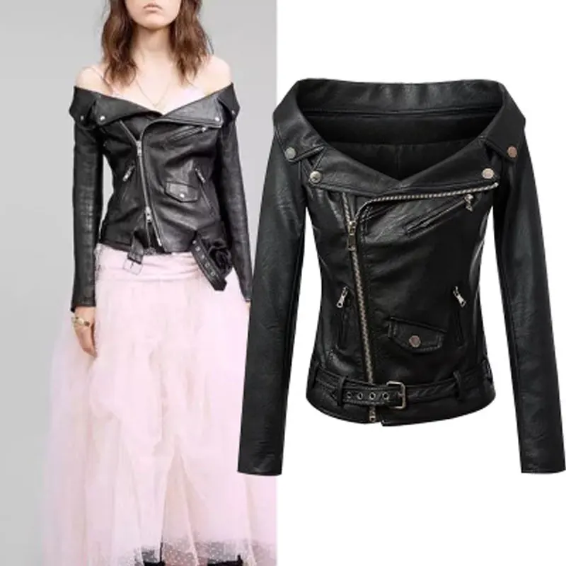 buy  Woman Off shoulder faux leather jacket women motorcycle jacket 2020 Spring autumn outerwear coats S