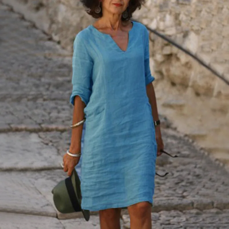 Vintage Women Solid Mini Dress Summer Fashion V-neck Three Quater Sleeve Cotton Linen Dress Ladies Casual Holiday Vestidos 4