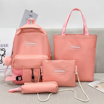 

4pcs set cute Backpack Canvas College school bags for teenage girls 2020 Kids book Bags women travel Backbags mochilas Escolares