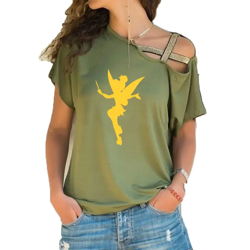 Новинка, женская футболка с изображением сказочного силуэта Tinkerbell, женская футболка с принтом Tinkerbell, милые неровные топы с перекрестной повязкой - Цвет: 4