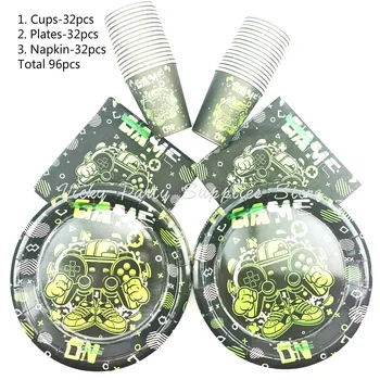 

96pcs/lot Green Games Theme Party Disposable Tableware Boy Game Birthday Baby Set Children Party Decoration Supplies